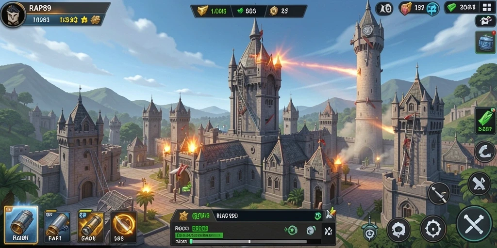 Screenshot gameplay RAP89 menampilkan pertahanan menara yang epik.